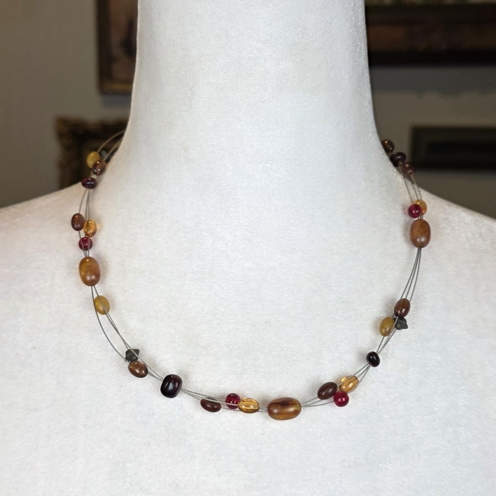 Multi-Strand Choker Necklace: Autumn Amber & Red Tones, Coffee Bean Style Beads